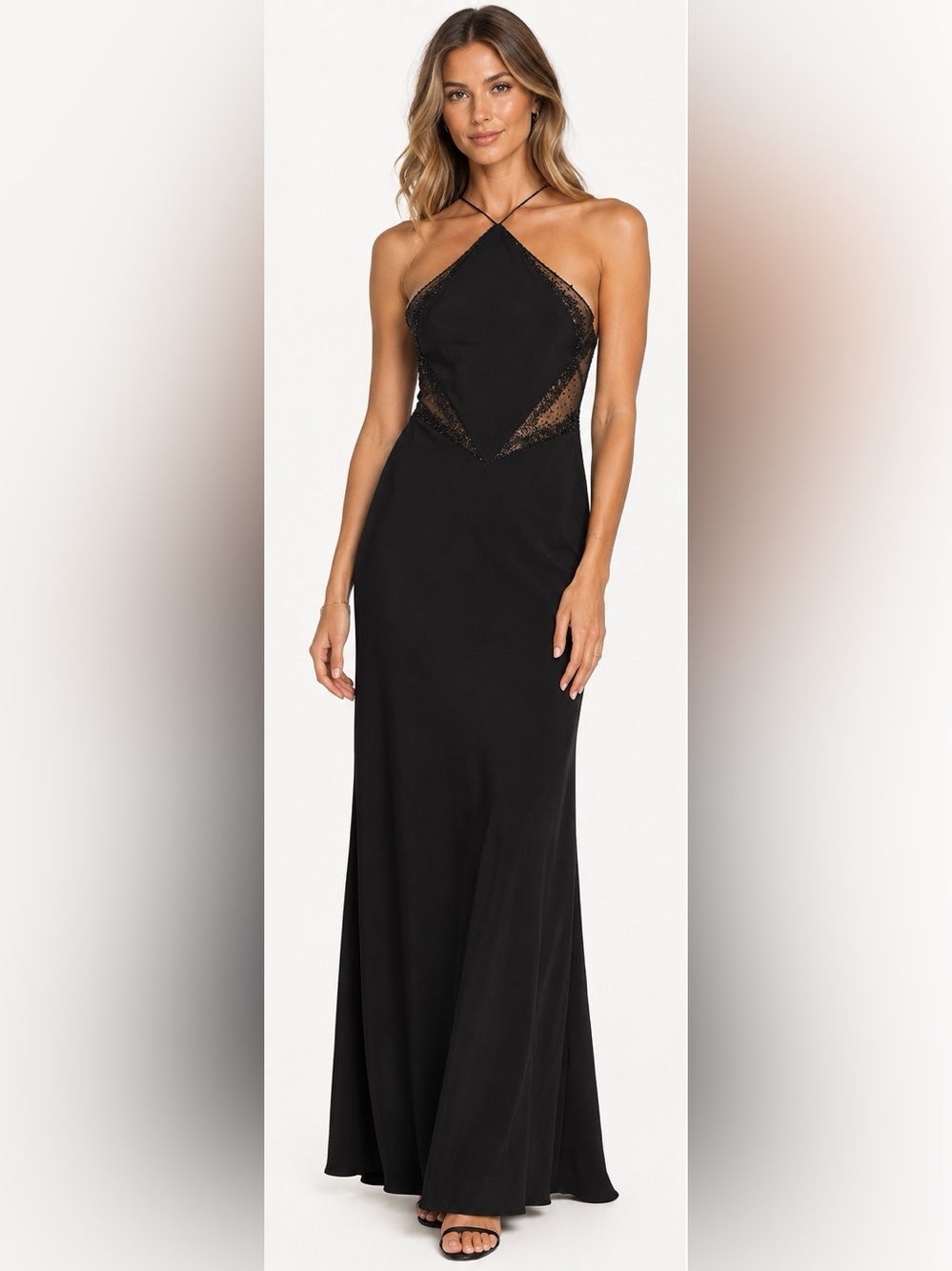 Gilar Evening Black Beaded Mesh Formal Maxi Dress Size 6 NWT